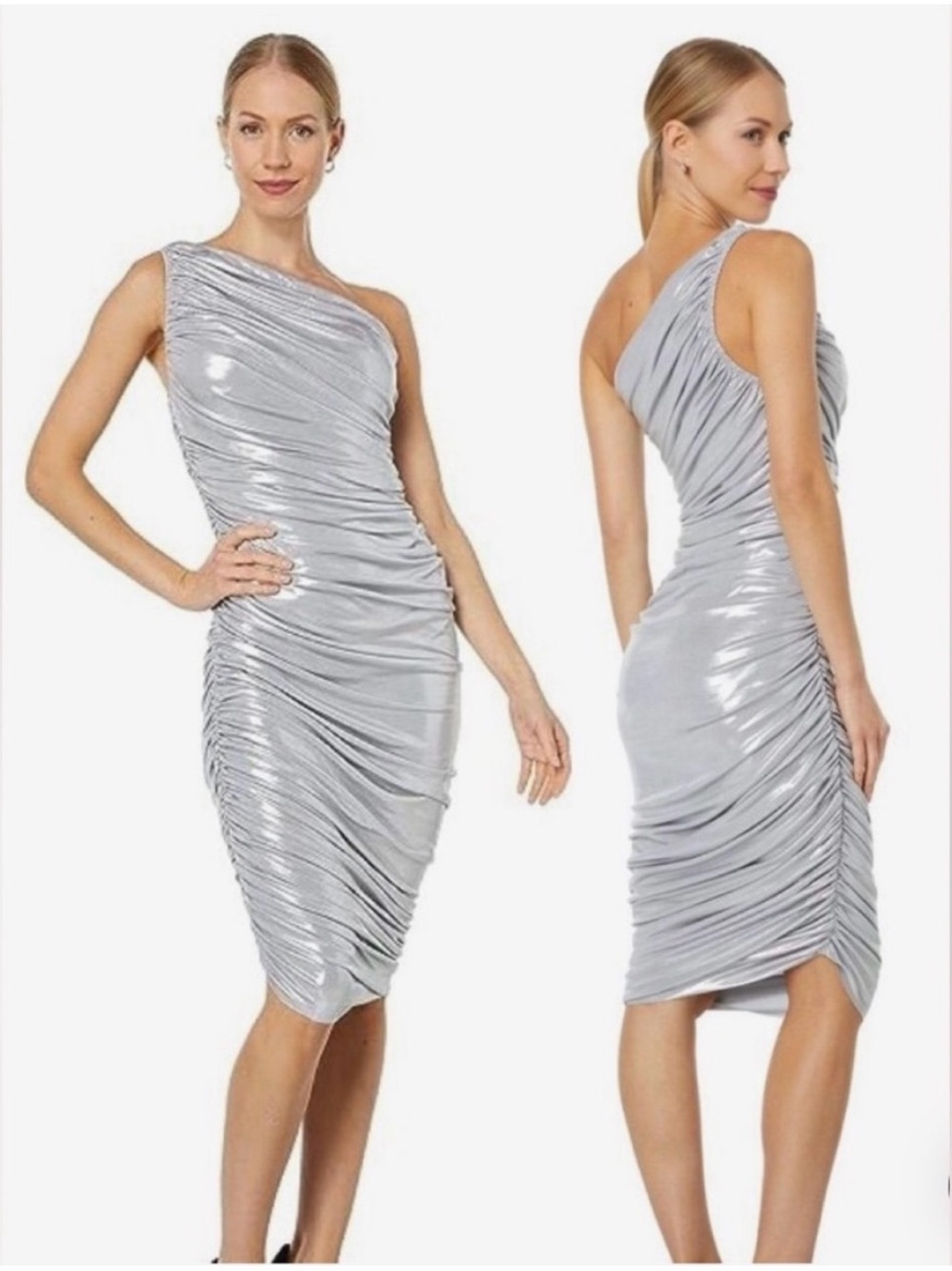 Norma Kamali | Metallic Silver Dress | One-Shoulder Ruched Sheath | Size L